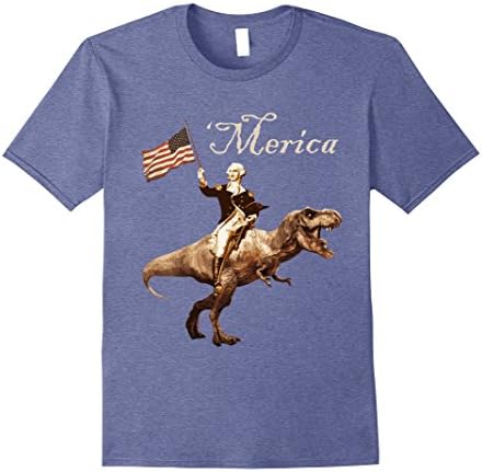 Mens George Washington Riding a Tyrannosaurus Rex 'Merica T-Shirt Large Heather Blue