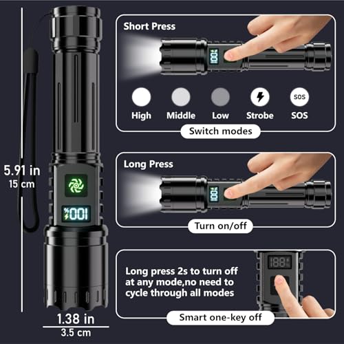 Rechargeable Flashlight 2 Pack, 990000 High Lumens LED Flash Light, Brightest Zoomable Lampe with LCD Digital Display, 5Modes Super Bright Flashlights, Powerful Tactical Flashlight for Outdoor, Gift