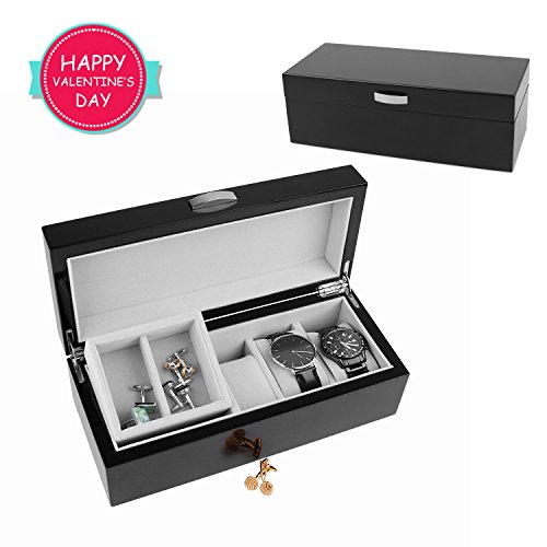 A Comely Lacquer Watch Box 5-Slot with 1 Lift-Out Valet Tray and 1 Deep Section A5011GR, High Gloss Storage Wooden Organizer Case for Watches and Jewelry, Black Grey