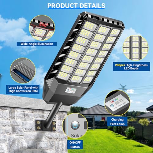 Adewalk 2000 W Outdoor LED Solar Street Light with Remote Control, IP66 Waterproof Solar Street Light with Motion Sensor, 6500 K Super Bright Outdoor Solar Garden Lights for Garage Road