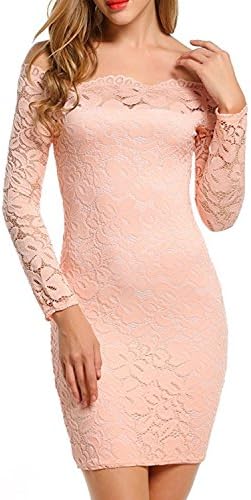 QQI Women Off-Shoulder Long Sleeve Lace Dress Cocktail Party Dress Bodycon Slim Dress Party Dress