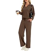 YOKGO Two Piece Sets for Women Casual Fall Lounge Sets Long Sleeve V-Neck Tops Wide Leg Pants Vacation Travel Outfits