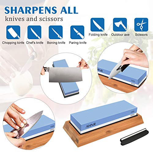 Whetstone Knife Sharpening Stone 2 Side 1000/6000 Grit Whetstone Sharpener Includes NonSlip Bamboo Base, Angle Guide, Polishing Tool for Kitchen, Hunting and Pocket Knives or Blades by AHNR