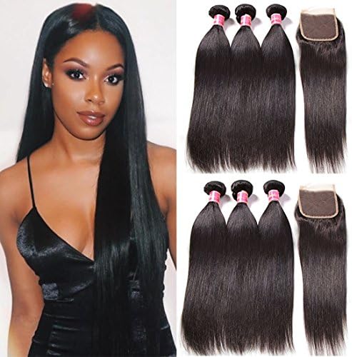 Nadula Brazilian Straight Hair Extensions Pack of 3 with Lace Closure Free Part Grade 8a Unprocessed Remy Virgin Human Hair Natural Color (18 20 22+16inch)