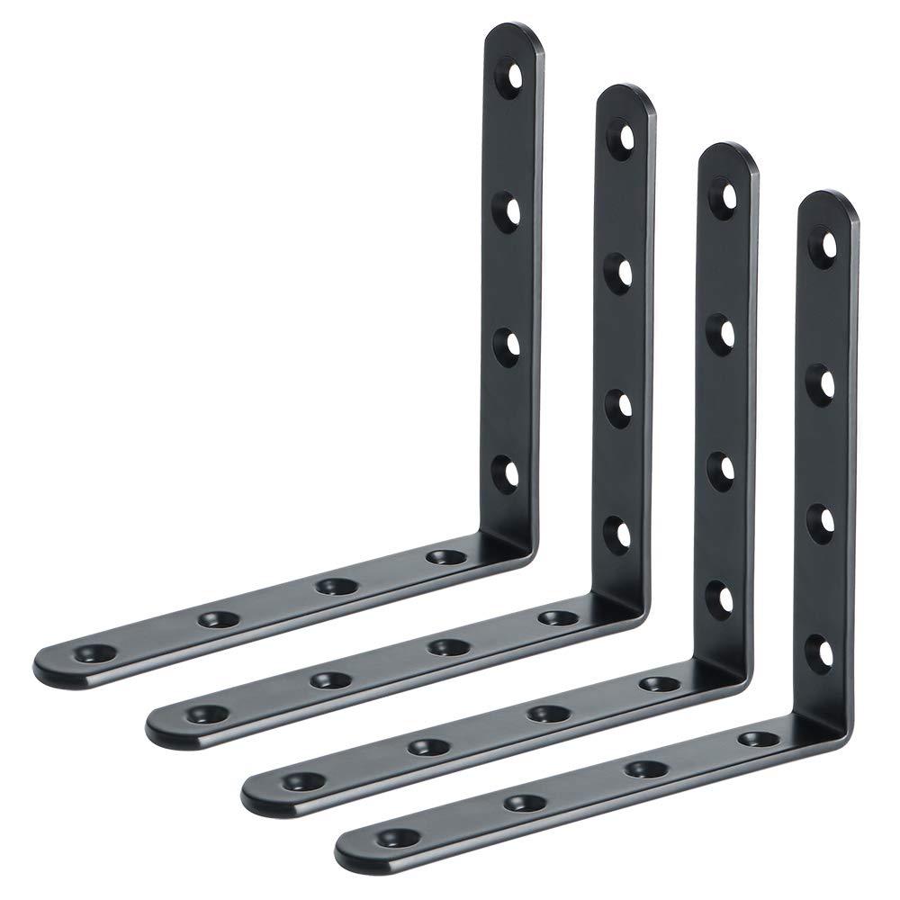 Sayayo Shelf Bracket Corner Brace Joint Angle Bracket Shelf Support Wall Hanging 125mm*125mm, Stainless Steel Matte Black, 4 Pcs, EJM125B-4P