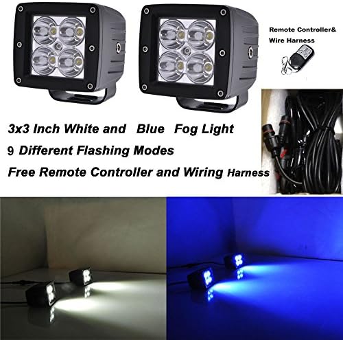 Night Break Light 24W 3x3 Inch White Blue Color Changing 30 Degree Spot Pods Lamp White Blue Led Warning Light Offroad Truck Boat ATV UTV Jeep 12V-24V Led Signal Light Free 4.3Meters Wire Harness