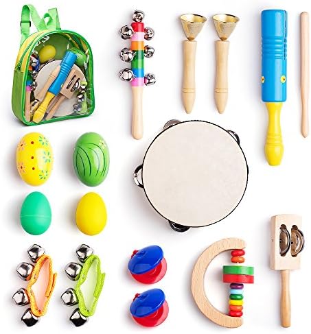 Toddler Toys Musical Instruments - Frunsi 15 pcs Prime Wooden Baby Toys for Kids Preschool Educational Early Learning Offworld Percussion Set Rattle for Boys and Girls with Toy Storage Backpack