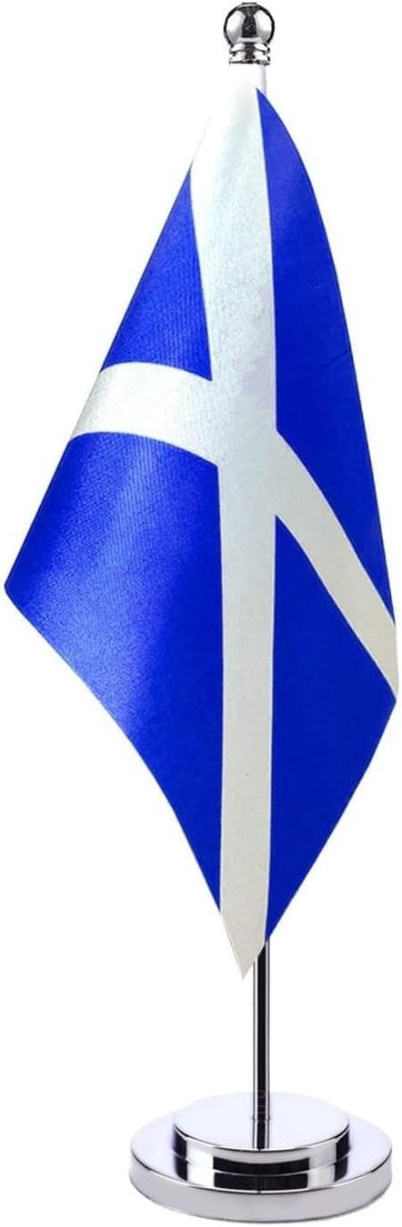 Scotland Table Flag Scottish Desktop Flags Resistant Stainless Steel Stand Base Saint Andrew's Cross Desk Flag For Veteran Office Home International Conference Scottish Theme Party Holiday Decorations