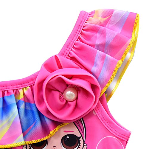 Rohero Toddler Baby Girls Swimsuits Doll Print Ruffle Tulle Swimwear Bathing Suit for Doll Surprised (140cm/ 7-8Y, Rose)