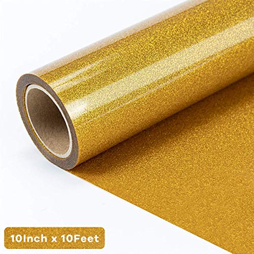 JANDJPACKAGING Gold Glitter HTV Vinyl Roll - 10" x 10FT Glitter Heat Transfer Vinyl for Cricut and Silhouette Cameo