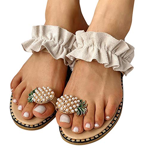 Balakie Women Casual Slippers Pineapple Rhinestone Ruffled Flat Sandals Shiny Clip Toe Flip Flops Beach Shoes