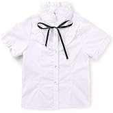 OCHENTA Girls Button Down Shirt Long Sleeve Ruffle Collar Blouse with Bowknot Lace for School Uniform Daily