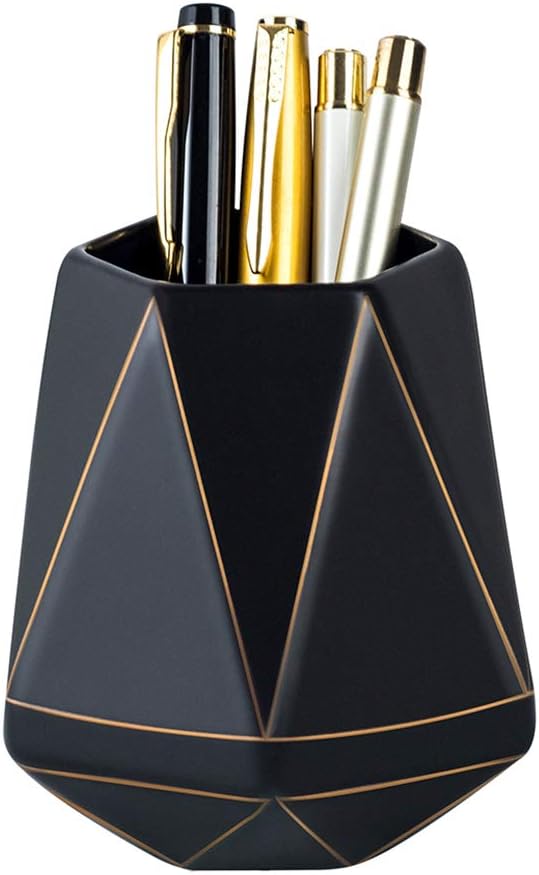 YOSCO Ceramic Desk Pen Holder Stand Golden Line Geometry Pencil Cup Pot Desk Organizer Makeup Brush Holder (Black)