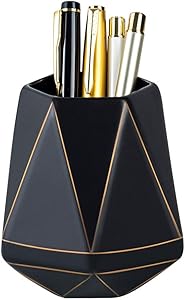 YOSCO Ceramic Desk Pen Holder Stand Golden Line Geometry Pencil Cup Pot Desk Organizer Makeup Brush Holder (Black)
