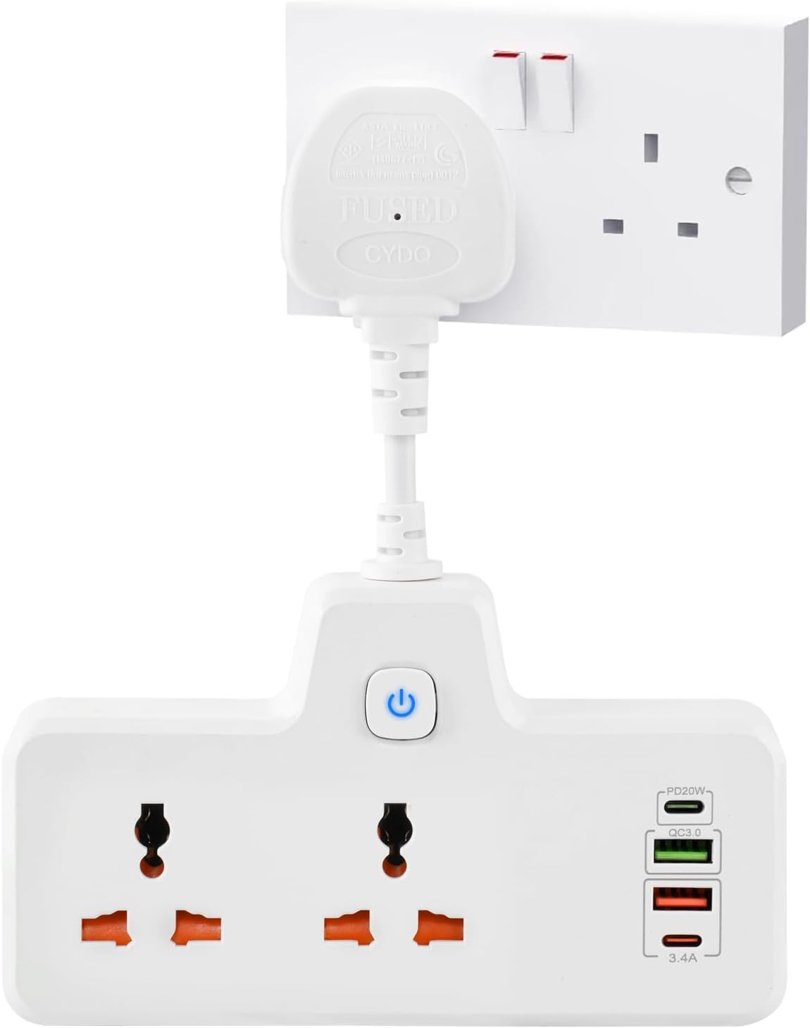 Plug Adapter Wall Socket With Touch Nightlight,2 Way Plug Extension With 2 Type-C+2 USB Ports,Plug Adapter UK Multi Plug Adaptor with Individual Switches,Wall Plug Extender for Home, Office (White)