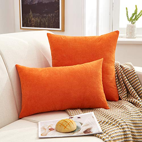 MERNETTE PACK OF 2, THICK CHENILLE DECORATIVE SQUARE THROW PILLOW COVER CUSHION COVERS PILLOWCASE, HOME DECOR DECORATIONS FOR SOFA COUCH BED CHAIR 16X16 INCH/40X40 CM (ORANGE)