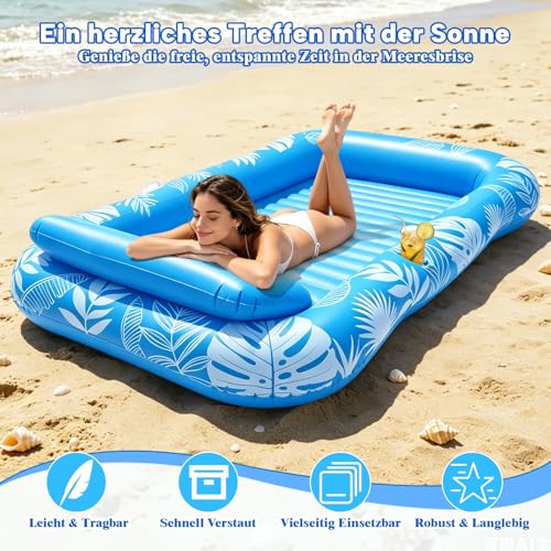 Inflatable Pool Mattress, Tanning Pool Adult with Cup Holder, Handles and Backrest, 200 × 124 cm Tanning Pool Hammock Water Tanning Mat for Garden Parties, Beach and Pool