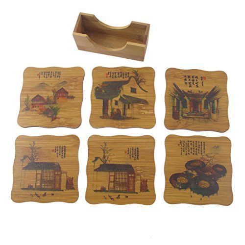 La casa del árbol impresión Copa de bambú Posavasos la estera de Tabla w Holder 6 piezas de Color Beige