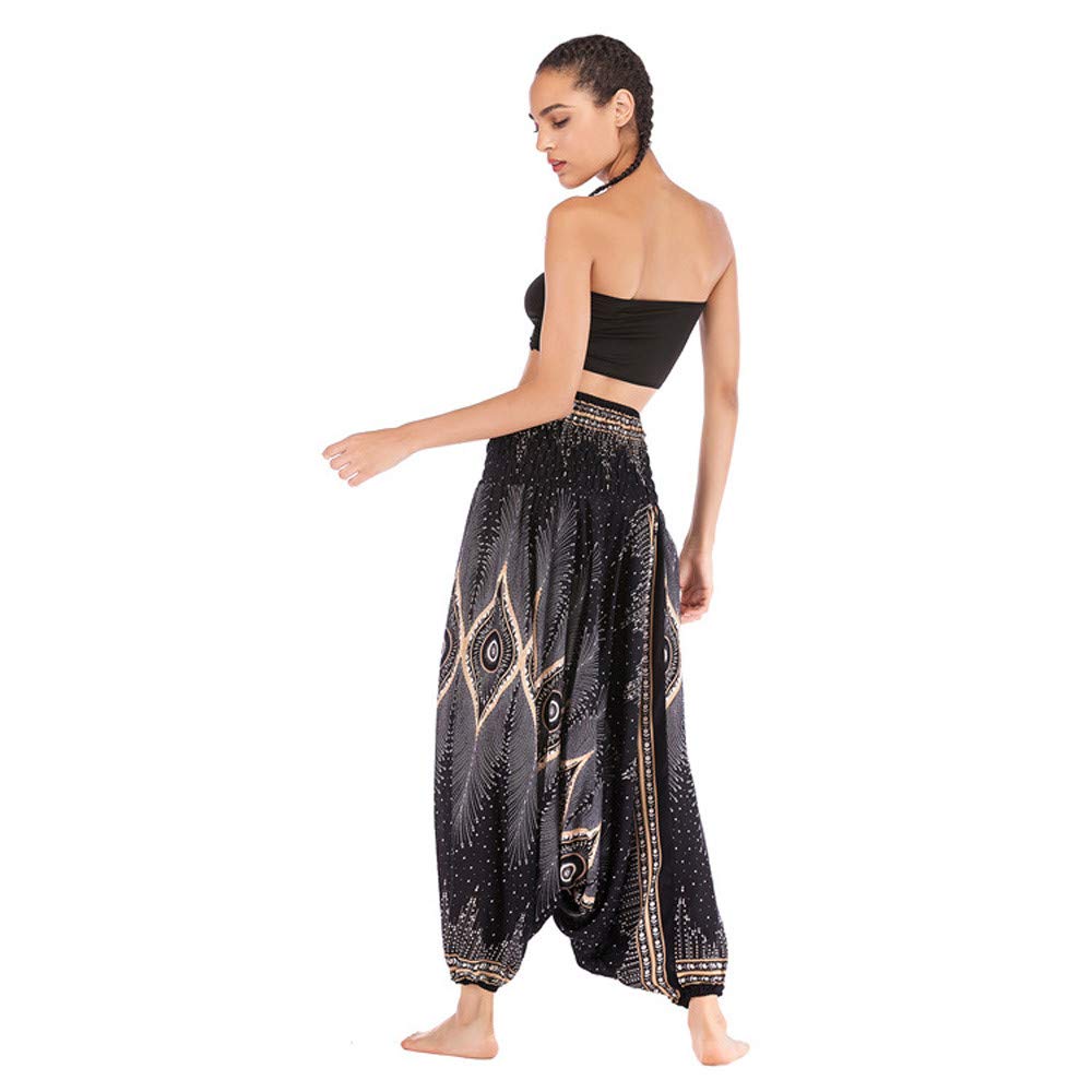 KEEYSUN Men Women Harem Trousers Boho Festival Hippy Smock High Waist Yoga Pants (Black, Free Size)