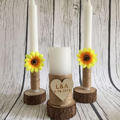 Wedding Unity Candle Set, Custom Wedding Candles with Wood Candle Holders, Rustic Wedding Candles, Unity Candle Holder Shabby Chic Wedding Decor Sunflower Decor