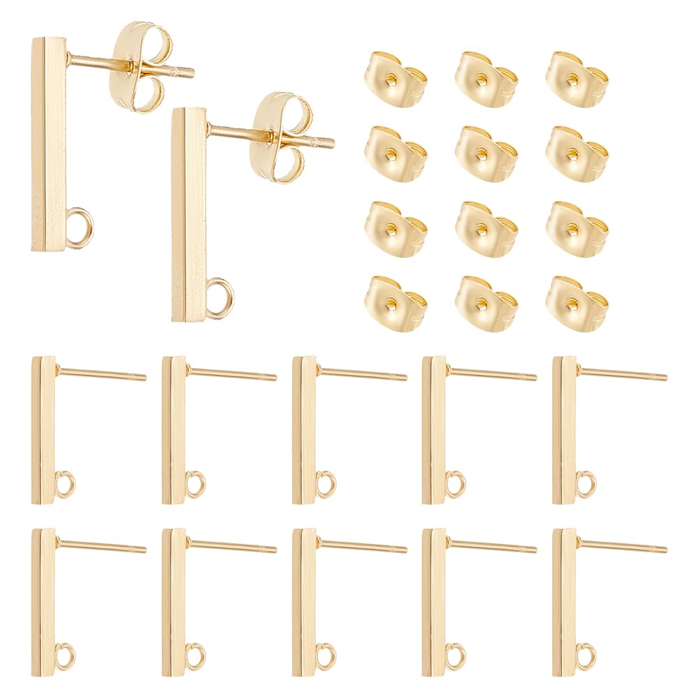 UNICRAFTALE About 80Pcs Real 18K Gold Plated Stud Earring Stainless Steel Earring Posts Rectangle Earring with Loop and Ear Nuts Metal Earring for DIY Dangle Earring Jewelry Making 15x2mm