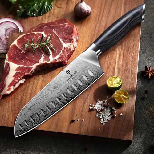 SANMEIHO Powder Steel Kitchen Knife, Japanese Chef's Knife, Santoku Knife, 18 cm, Professional Chef's Knife with High Carbon Content, Sharp Kitchen Knife with Ergonomic Pakka Wood Handle