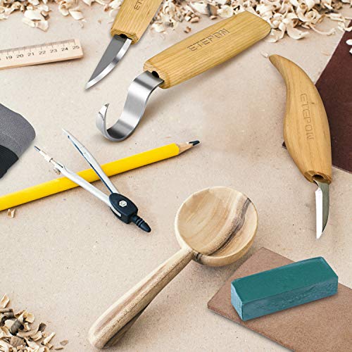 ETEPON Wood Carving Tools Set Knifes for Spoon Carving, Whittling Knife + Hook Knife + Detail Knife + Sharpening Leather Strop + Polishing Compound in a Portable Canvas Bag Roll ET014