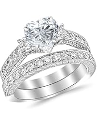 1.53 CTW Three Stone Vintage With Milgrain & Filigree Bridal Set with Wedding Band & Diamond Engagement Ring w/ 0.5 Ct Heart Cut I Color VS2 Clarity Center