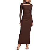 Women's Formal Fall Long Sleeve Maxi Dress Crisscross Halter Mesh Ruched Bodycon Wedding Guest Cocktail Party Long Dresses