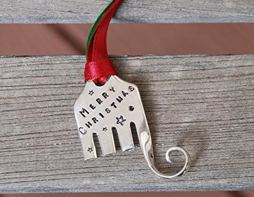 MERRY CHRISTMAS hand stamped ELEPHANT Ornament, Stars Red and Green Ribbon made from Recycled FORK vintage silver plate