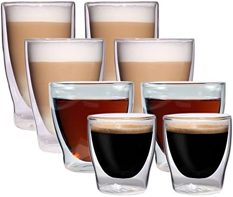 Set of 8 Double Wall Glasses – 2x 80 ml Espresso/2X 200ml Tea/2X 300ml Latte Macchiato/2x Ball Glass Tumbler – Set of 2, Packed, Medley from Feelino