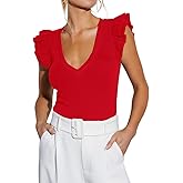 Ezbelle Women's Summer Sleeveless Tops V Neck Ruffle Shirts Knit Ribbed Tank Top Sexy Blouse