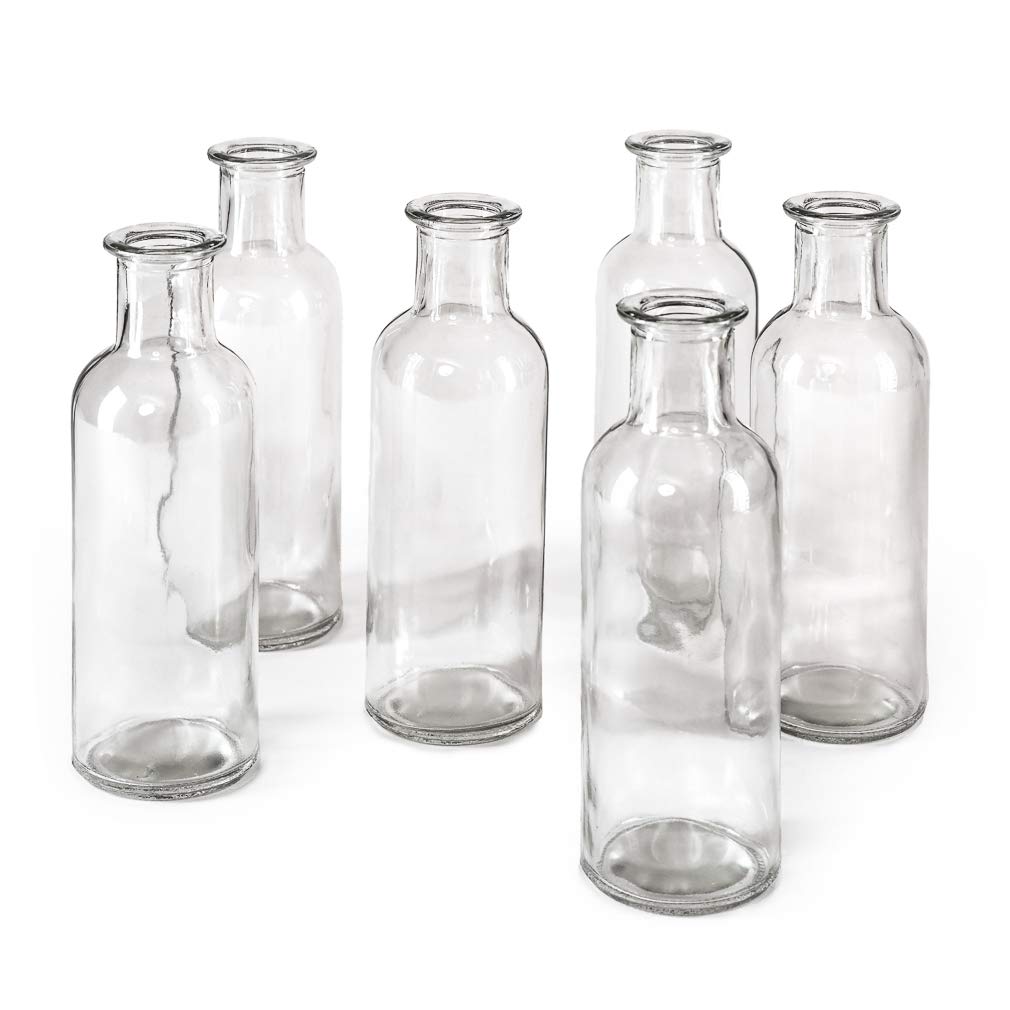 Serene Spaces Living Clear Glass Bud Vases – Vintage Apothecary Jars, Decorative Bottles for Weddings, Antique-Style Centerpieces, and Flower Arrangements - Set of 6 (6.5" Tall & 2" Diameter)