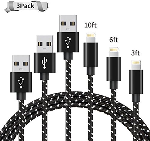 Lightning Cable Nylon Braided iPhone 8 Pin fast Sync and Charging Cable 3 pack [ 3 6 10ft] Lightning Cord for Apple iPhone 7/7 Plus/6s plus/6s/6/ 6 plus/5s/5c/5/5 SE, iPad Mini air /iPod