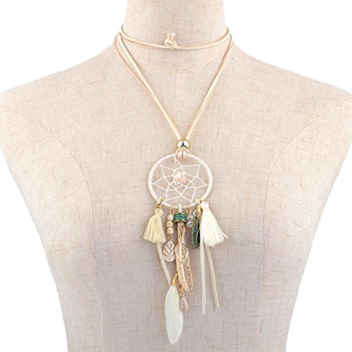 Hunputa Fashion Women 2 Layers Leather Dreamcatcher Tassel Feathers Pendant Long Chain Necklace Choker (White)