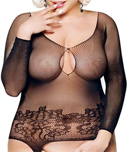 Curbigals Sexy Women Lingerie Plus Size Crotchless Bodystocking with Long Sleeve