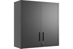 BIZOEIRON Garage Wall Cabinet with Doors and Shelves, Metal Wall Mounted Storage Cabinet with Lock, Hanging Tool Cabinet for Garage Utility Room, Black