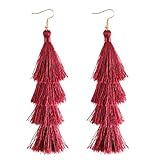 ELEARD Tassel Earrings Tiered Thread Tassel Dangle Earrings Statement Layered Tassel Drop Earrings (wine red)