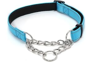 Martingale Dog Collars, Reflective Nylon Soft Padded Dog Training Collar Half-Check Stainless Steel Chain Anti-Escape No Pull