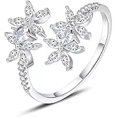 Auoy Dhof Adjustable Cubic Zirconia Ring for Women, Stackable Leaf Flower Design, Open Style
