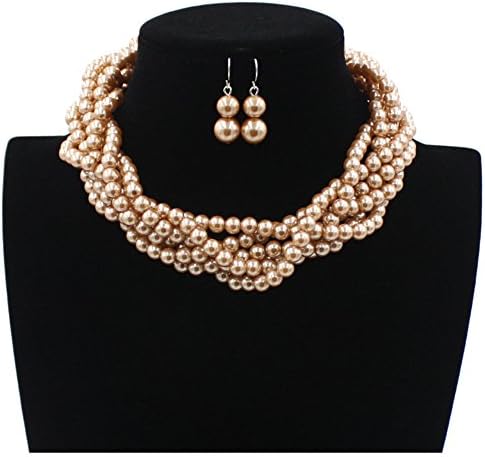 Twisted Multilayer Strand Faux Pearls Beads Cluster Choker Necklace and Earrings Set