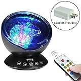 [Wall Adapter Included] Remote Control Ocean Wave Projector 7 Colors Led Night Light with Built-in Music Player for Living Room and Bedroom