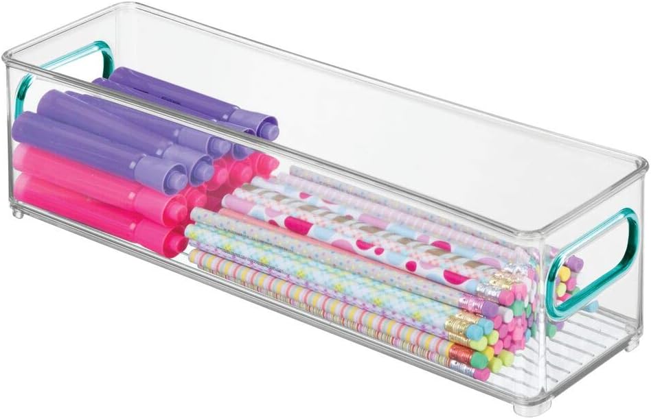mDesign Plastic Stackable Home, Office Storage Bin, Desk and Drawer Organizer Tote with Handles for Storing Gel Pens, Erasers, Tape, Pencils, Highlighters, Markers - 14.5" Long - Clear/Blue