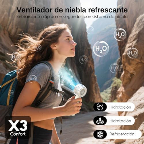 Dnenellr Portable Fan with Nebulizer, USB Rechargeable Mini Fan, Powerful Turbo Motor, 6000mAh Battery, 4 Speed, for Travel, Beach and Outdoor Use, Gift for Women and Men (Beige)