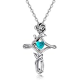 QMTIHU Genuine Turquoise Necklace S925 Sterling Silver Cross Rose Flower Turquoise Pendant Gift for Women Mom Her