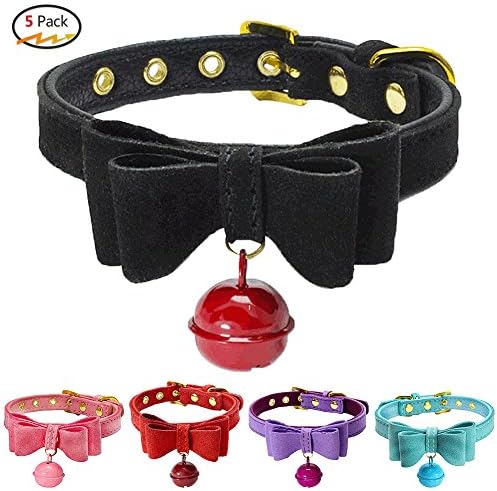 Silkclo 5 Pack Breakaway Bowtie Cat Collar with Bell,Safety Adjustable Buckle Pet Collar,Soft PU Leather & Microfiber Puppy Dog Bowtie Collar (XS/12.60.6Inch)