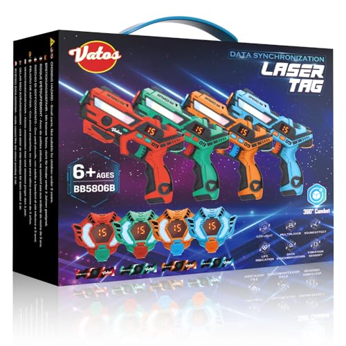 VATOS Laser Tag 360° Sensors Set of 4 Players, 2.4GHz Rechargeable Infrared Real Time Data Display Gun, Activity Game Pistols Toys for Children Aged 6+