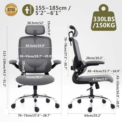 TONFARY Ergonomic Office Chair, High Back Mesh Office Chair, Adjustable Lumbar Support, Folding Armrest, Removable Headrest, Gaming Chair for Computer Swivel 150kg