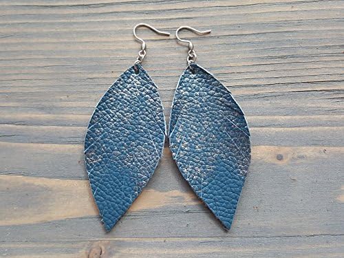 Silver and Blue Leather Feather Earrings. Handmade Bohemian Earrings. Boho Earrings. Bohemian Leather Jewelry. Silver Leaf Earrings.