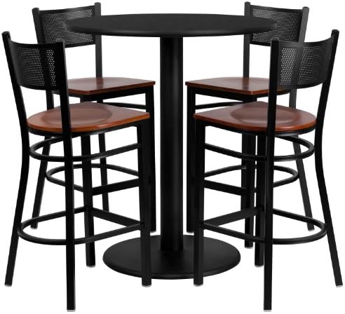 36'' Round Black Laminate Table Set with 4 Grid Back Metal Bar Stools - Cherry Wood Seat [MD-0018-GG]